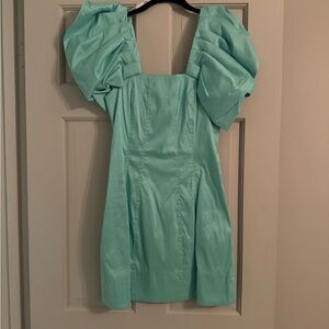 Aureta aqua Square Neck Puff Sleeve Sheath Dress